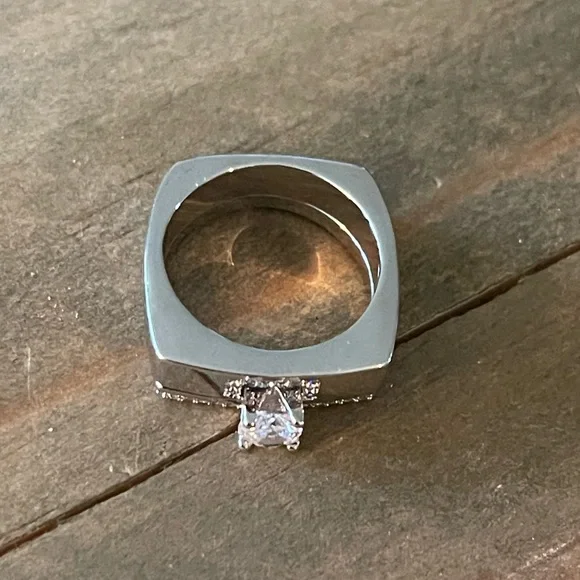 2 Piece Geometric, Square Cubic Zirconia Statement Badass Engagement Ring - Picture 5 of 8